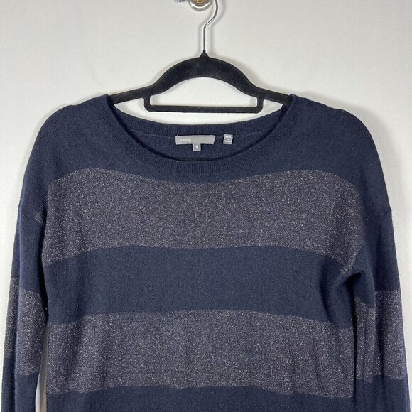 Vince Pullover Sweater Womens M Cashmere Metallic Rugby Stripe Blue Gray - Picture 3 of 6
